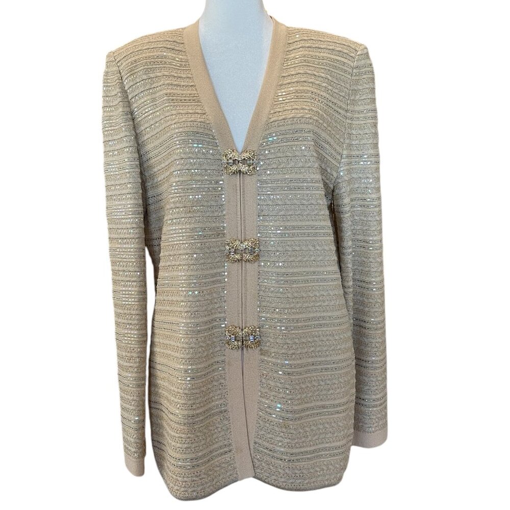 St. John Evening Cream Knit Jacket w Sparkle Paillettes & Gold & Crystal Buckles